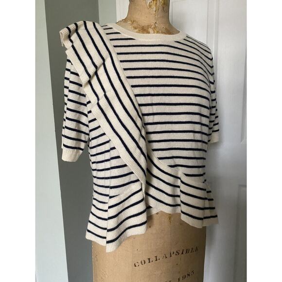 Joie Sweater Striped Jayni Wool Cashmere Top Sz L Short Sleeves Ruffles Crew - Picture 6 of 15